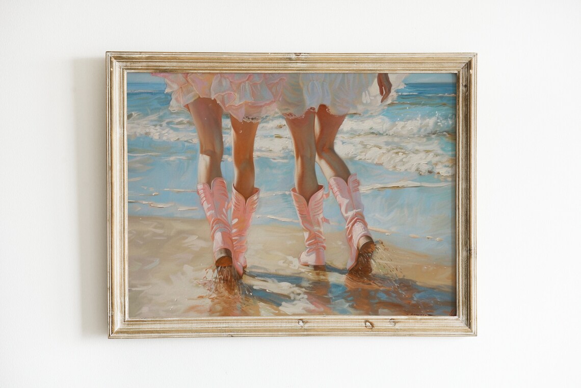 Coastal Cowgirl Pink Boots Beach Poster, Retro Preppy - Image 2