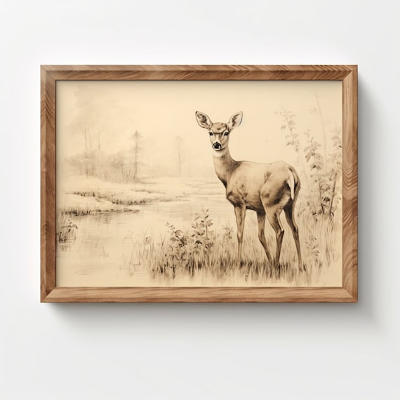 Young Deer Doe by the Marsh Vintage Sepia Wildlife Sketch Art Print