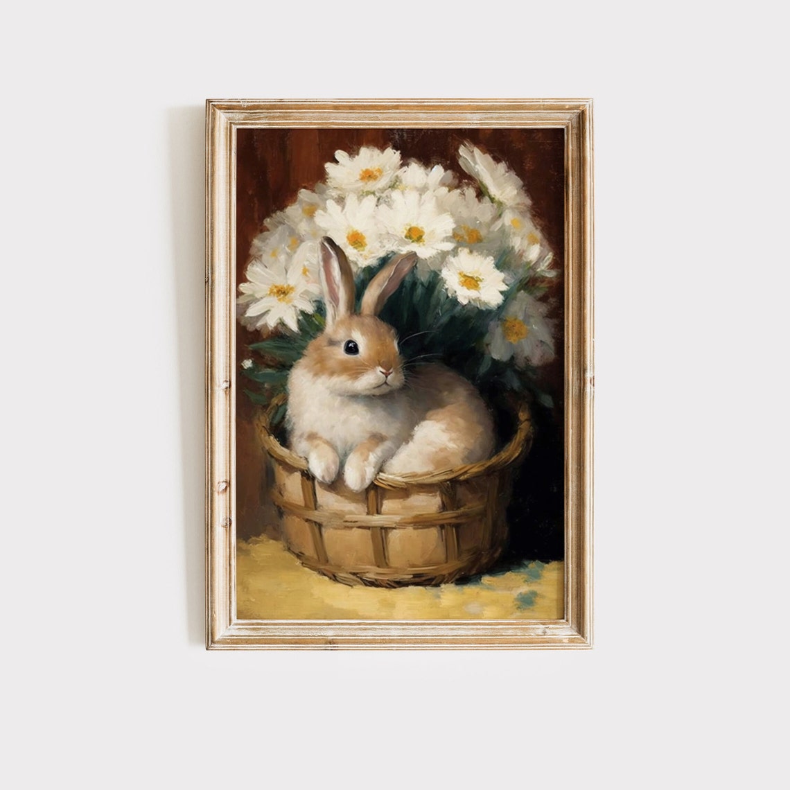 Bunny Rabbit In Woven Basket With White Daisies Spring Wall Art Poster