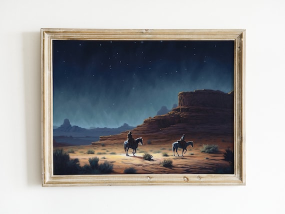 Western Night Sky Painting, Rustic Landscape Art Print