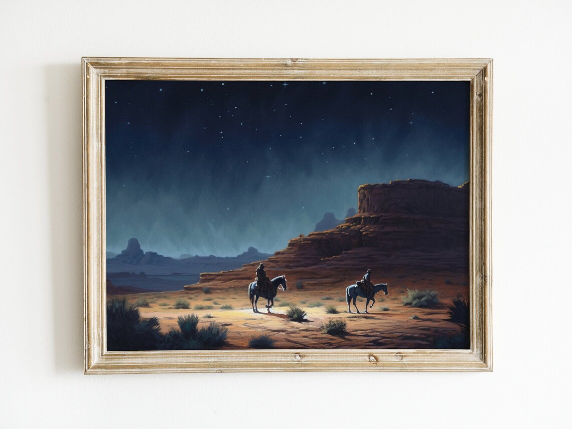 Western Night Sky Painting, Rustic Landscape Art Print