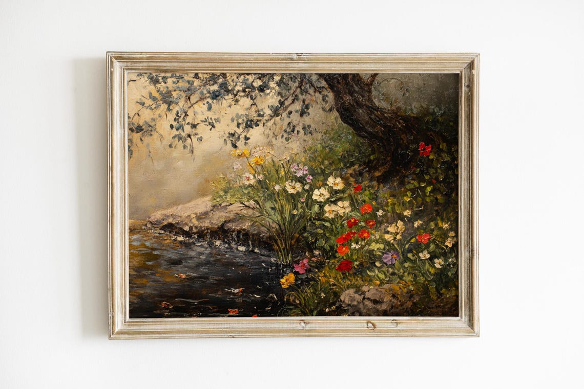 Vintage Wildflowers By A Stream Under Old Tree Oil Painting Poster