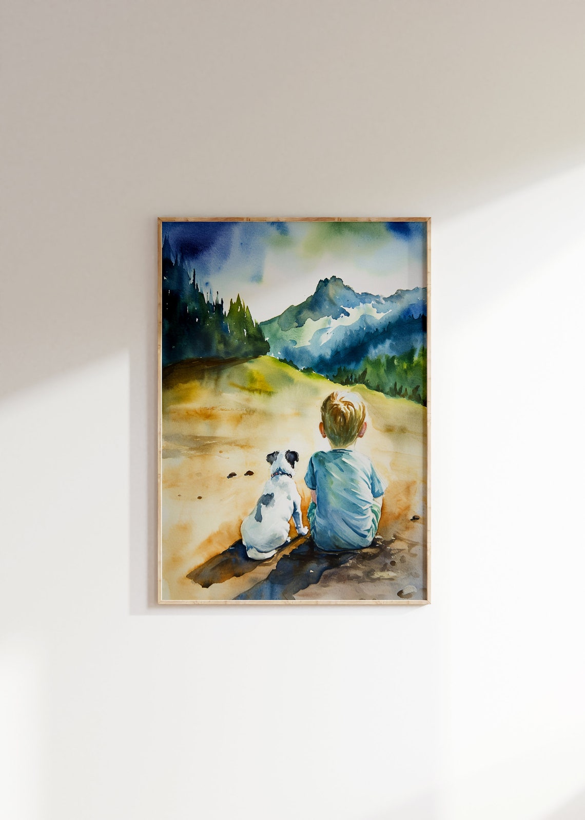 Boy And Dog Nursery Print Watercolor Painting Animal Wall Art Puppy Mountain Nature Toddler Baby Room Artwork - Image 2