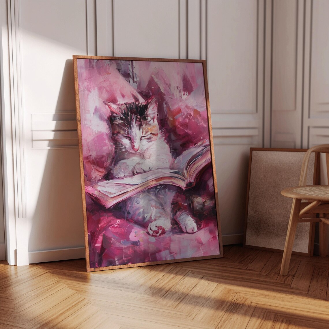 Sleeping Kitten Curled On Open Book Pink Painterly Cute Cat Reading Poster - Image 2