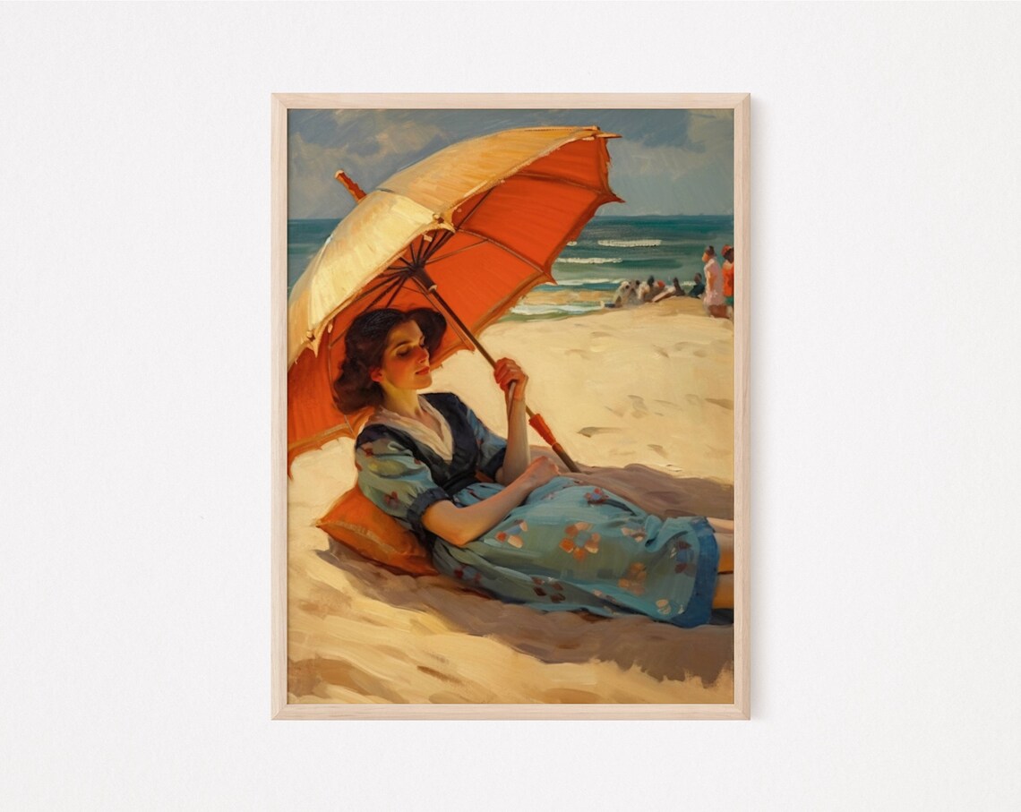 Woman with Orange Umbrella on the Beach Vintage Oil Painting Poster - Image 2