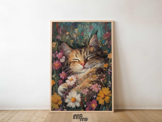 Sleeping Maine Coon Cat, Floral Meadow Art Print