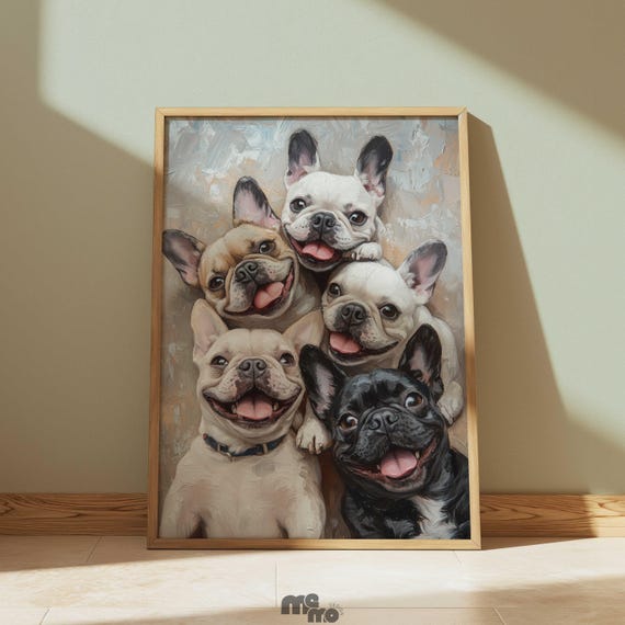 Happy Dog Wall Art Poster Print Funny Group Pet Portrait Painting French Bulldog Premium Matte Paper Gift Lover Home Decor