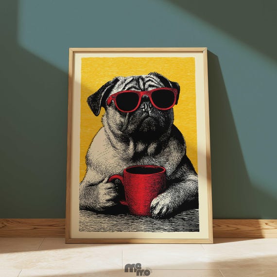 Vintage Pug Drinking Coffee Wall Art Print Funny With Red Sunglasses Pop Poster Retro Dog Lover Gift Home Decor