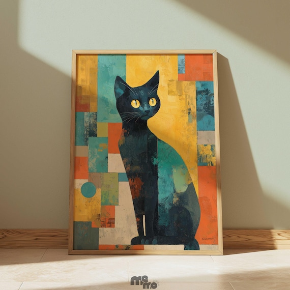Black Cat Geometric Abstract Portrait Modern Colorful Art Poster