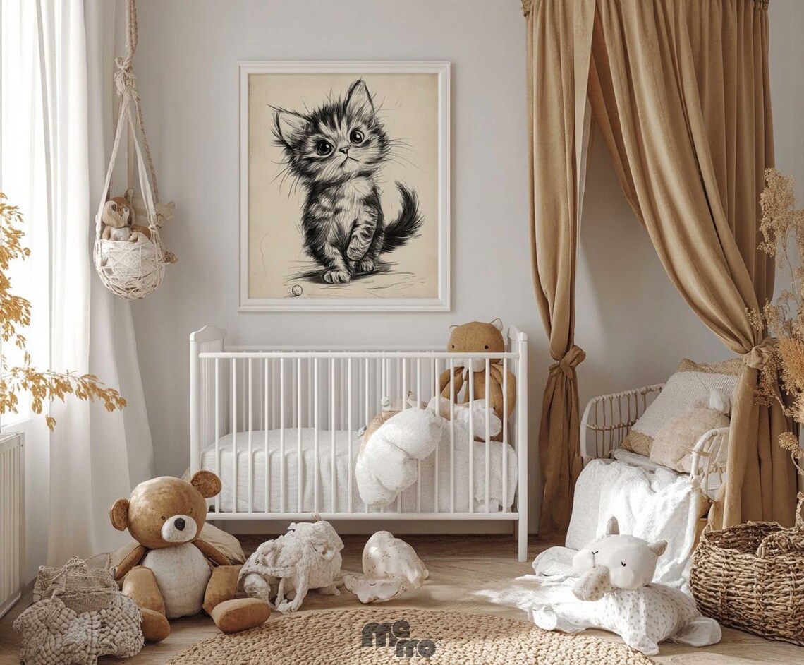 Cute Kitten Boho Sketch, Nursery Animal Decor - Image 3