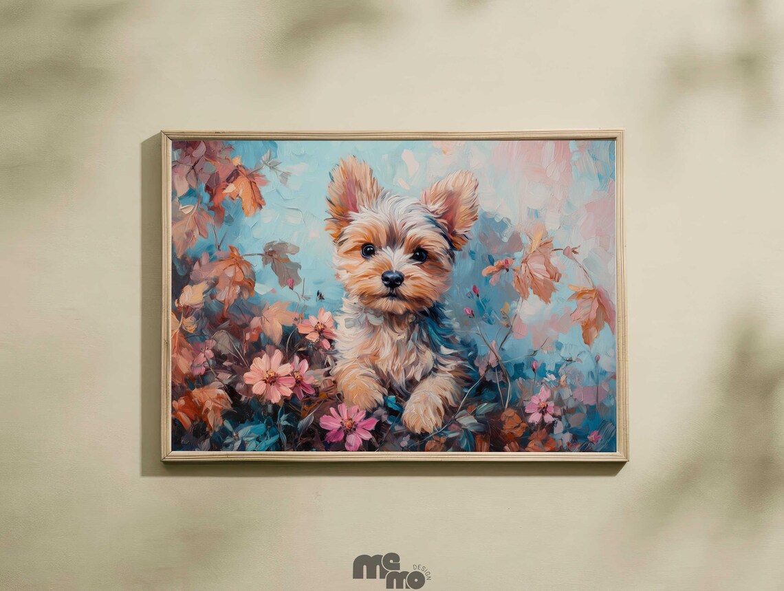 Yorkshire Terrier Puppy Among Pink Flowers Pastel Oil Painting Poster
