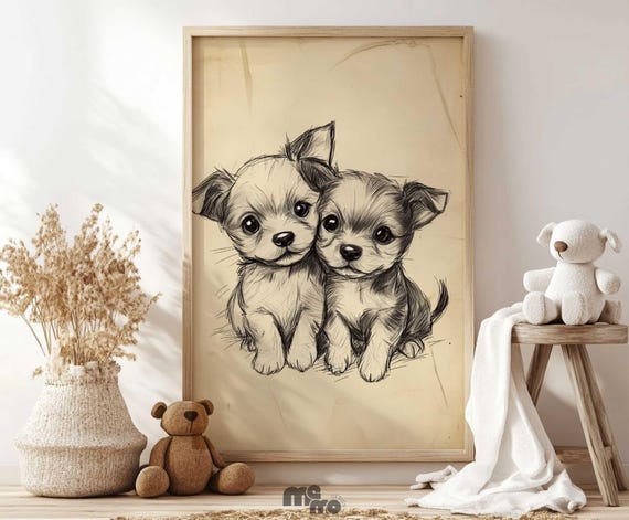 Twin Puppies Sketch, Boho Nursery Pet Decor