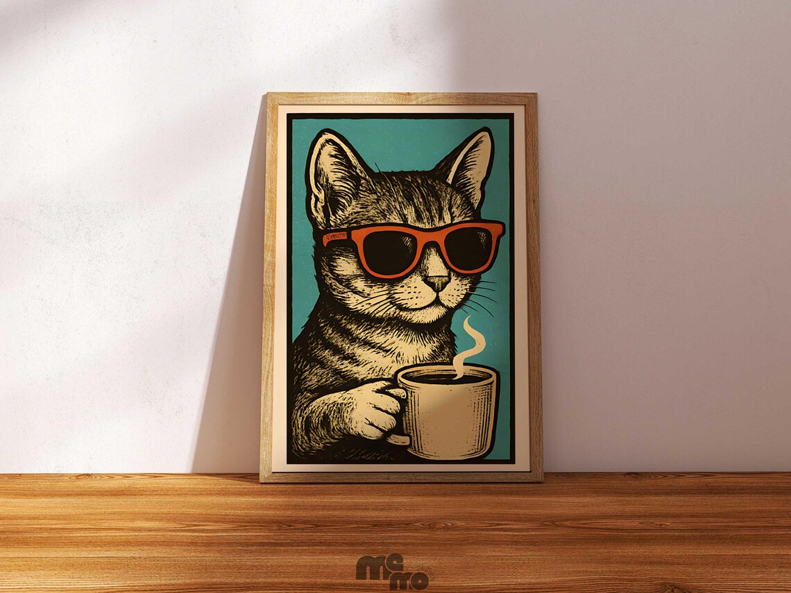 Funny Cat Drinking Coffee, Vintage Cat Art - Image 4