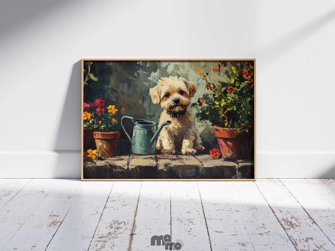 Adorable Yorkie Terrier, Floral Garden Oil Painting - Image 4