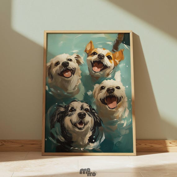Happy Swimming Dogs Wall Art Funny Pet Oil Painting Print Playful Dog Lover Gift For Bathroom Or Poolside Decor