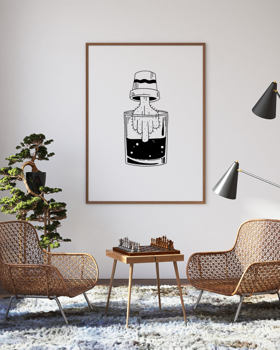 Upside Down Cactus Dipped Drink Glass Funny Quirky Ink Art Poster - Image 3