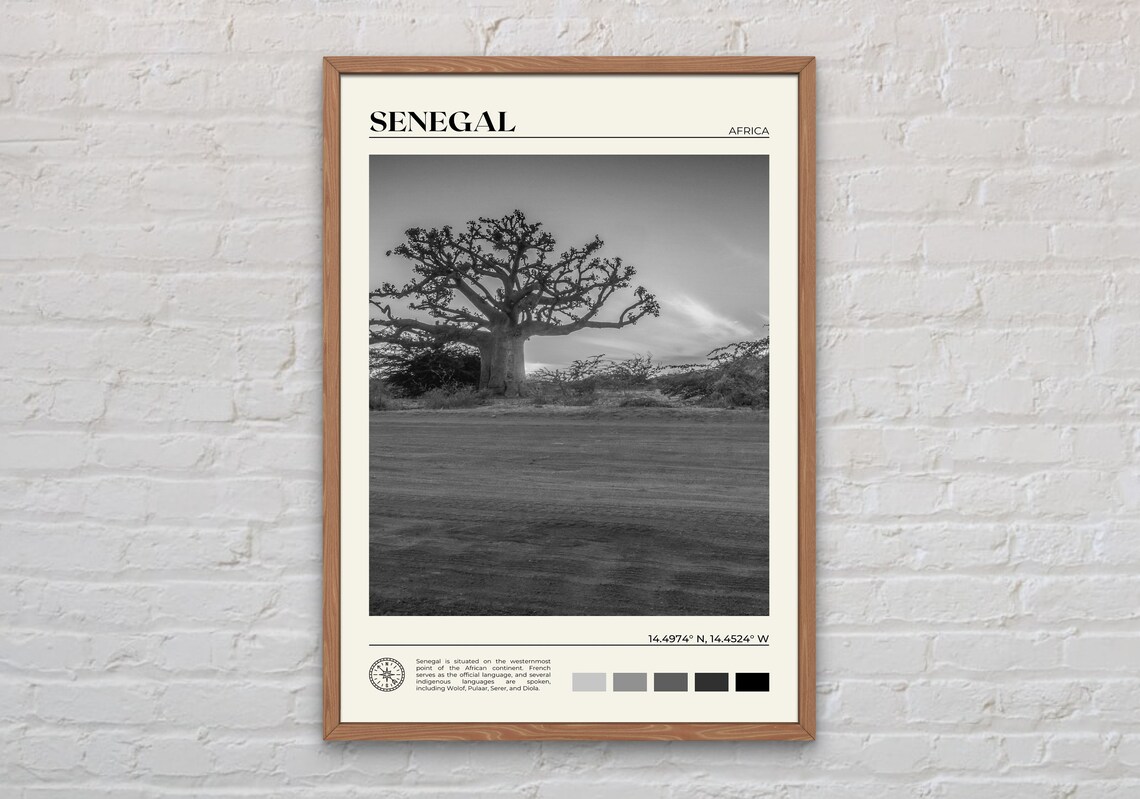 Senegal Black And White Travel Poster, Africa Art Print