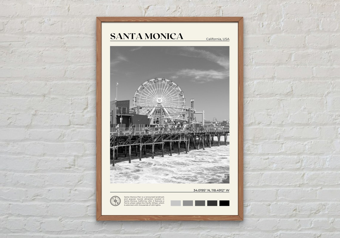 Black And White Santa Monica Print Santa Monica Wall Art Santa Monica Poster Santa Monica Photo Santa Monica Poster Print California