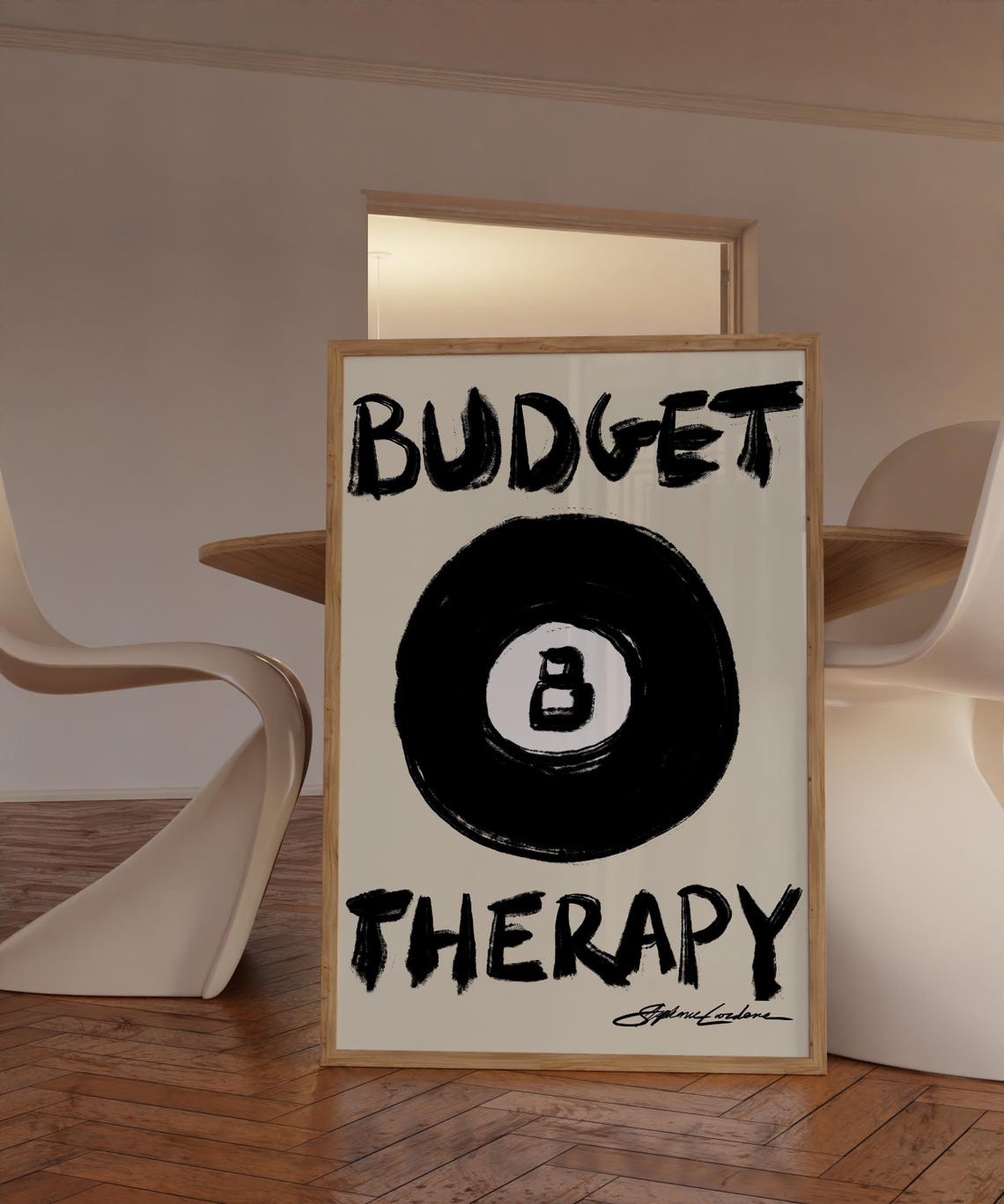 Budget Therapy Magic 8 Ball Bold Brush Script Humor Poster Art