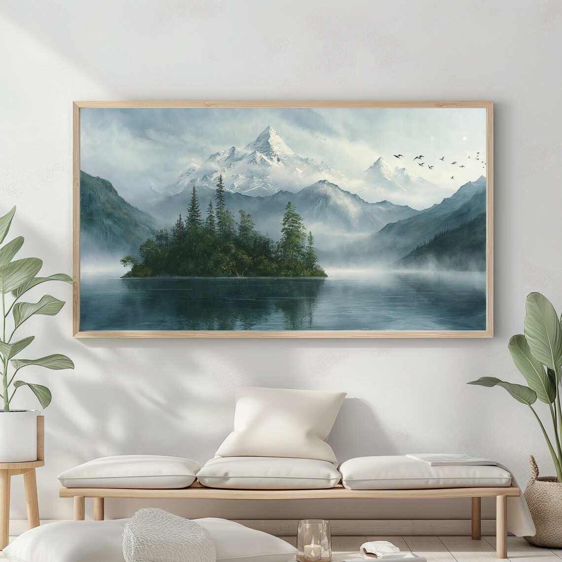 Misty Mountain Lake Snow Peaks Evergreen Island Serene Vintage Poster - Image 2