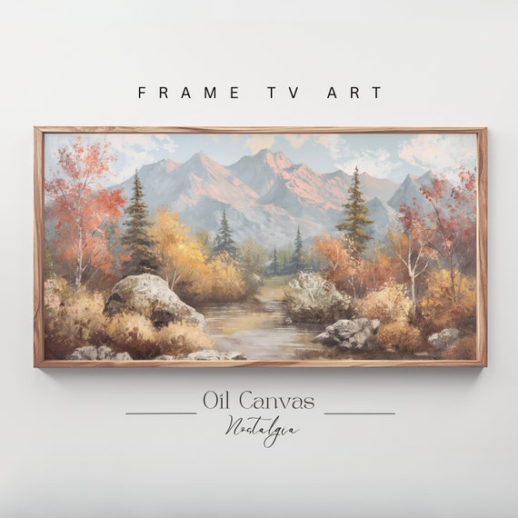 Mountain Landscape Frame Tv Art Moody Oil Painting Neutral Colours Rustic Scenery Farmhouse Decor
