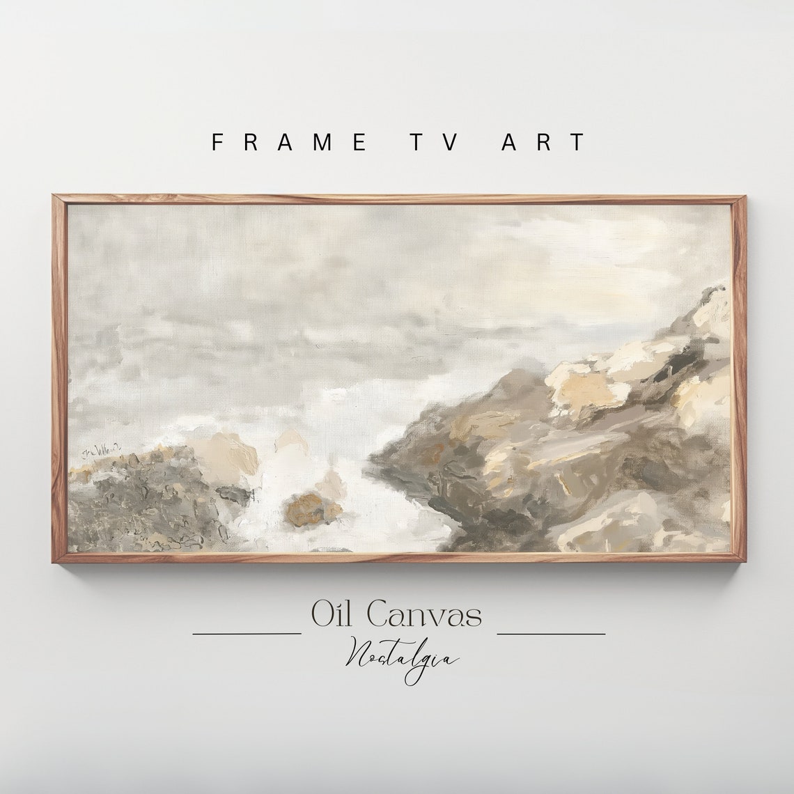 Neutral Abstract Rocky Coast Beige Waves Vintage Coastal Wall Art