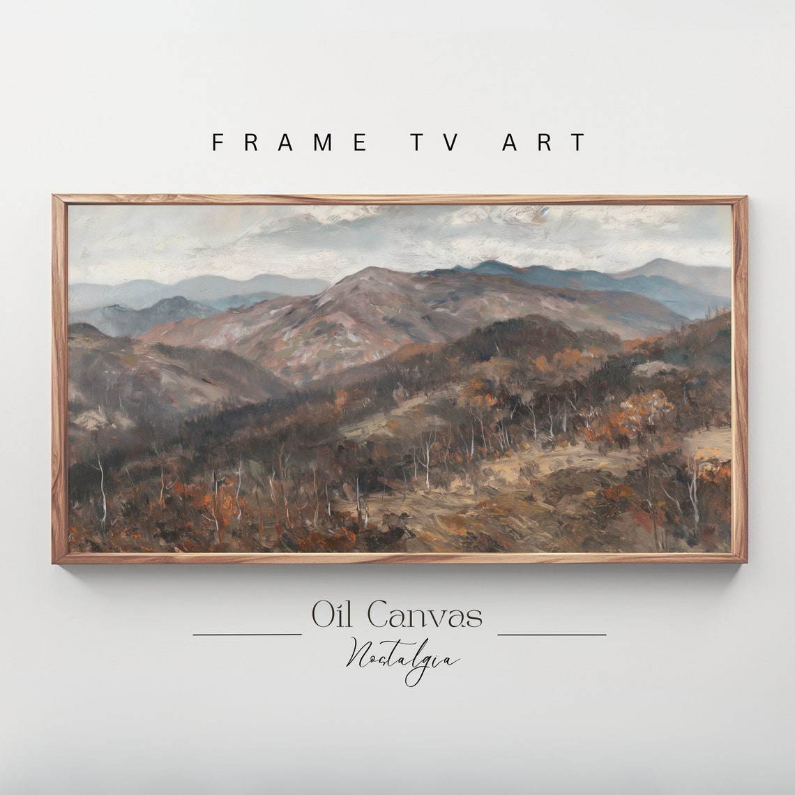 Mountain Landscape Frame Tv Art Moody Oil Painting Neutral Colours Rustic Scenery Farmhouse Decor