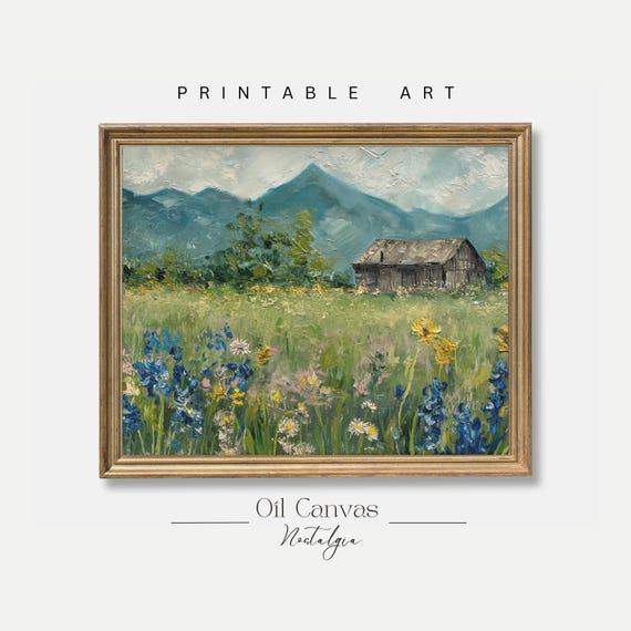 Spring Meadow Wall Art Vintage Landscape Mountain Cottage Oil Painting Country Field