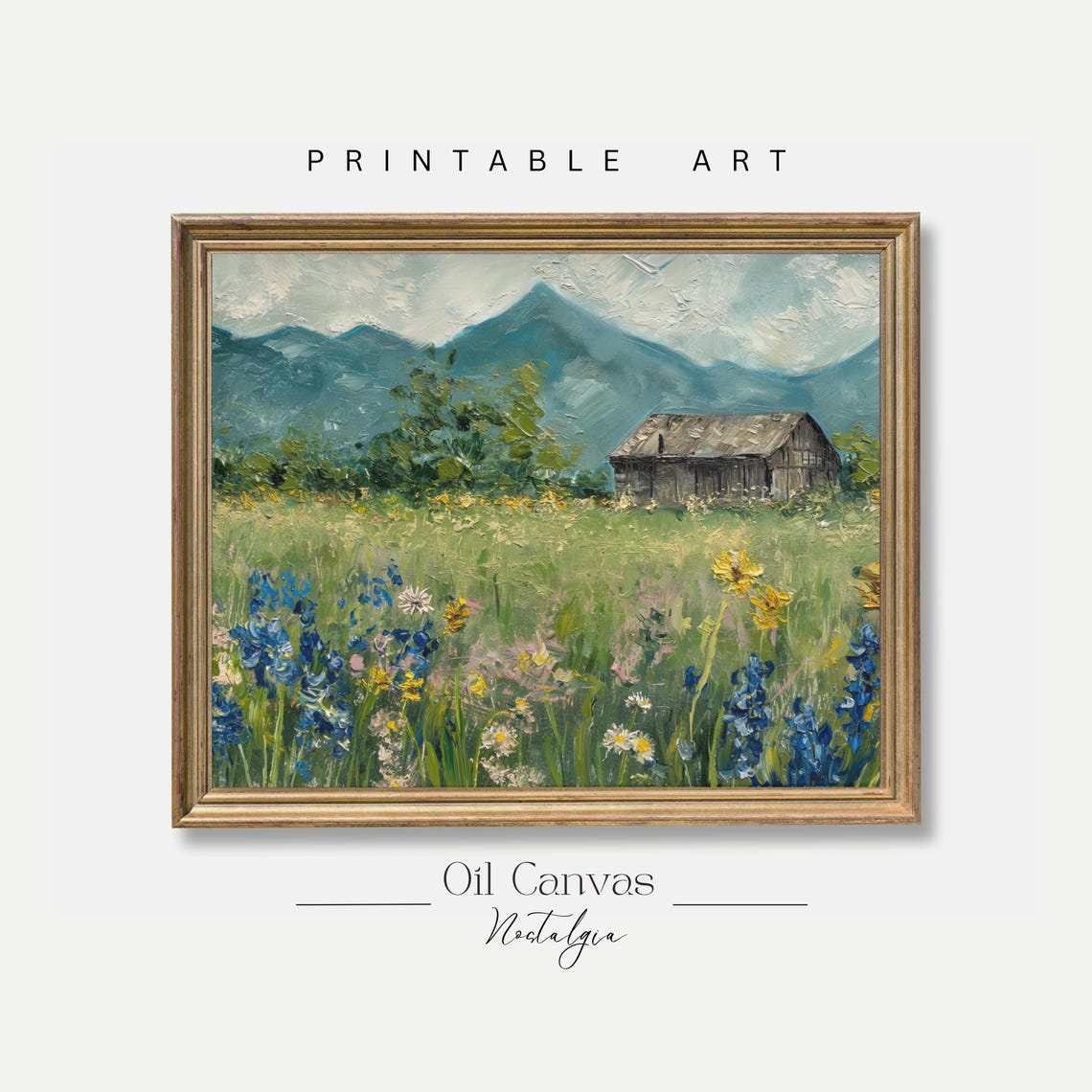 Spring Meadow Wall Art Vintage Landscape Mountain Cottage Oil Painting Country Field