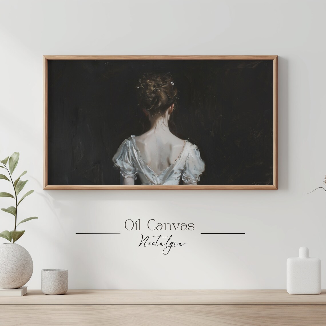 Vintage Woman Portrait Back Dark Background White Dress Wall Art - Image 3