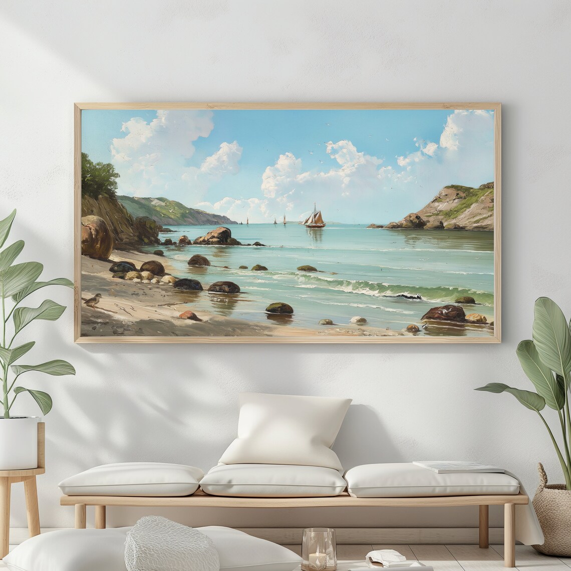 Frame Tv Art Vintage Nautical Oil Painting Summer Sea Art Boat Art Beach House Decor Blue Nautical Seascape - Image 2