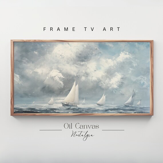Frame Tv Art Vintage Nautical Oil Painting Summer Sea Art Boat Art Ocean Frame Tv Art Blue Nautical Seascape