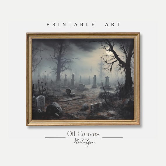 Halloween Wall Art Haunted Graveyard Painting Spooky Cemetery Moody Decor