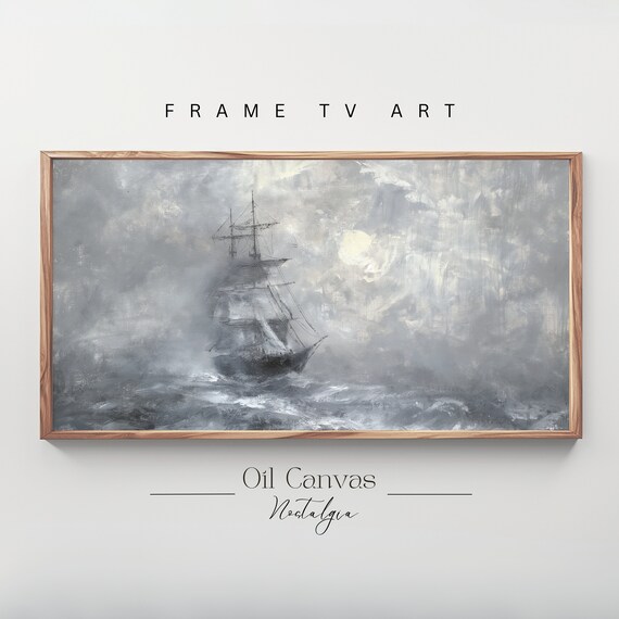 Frame Tv Art Vintage Nautical Oil Painting Seascape Beach House Decor Summer Sea Boat Wall Art