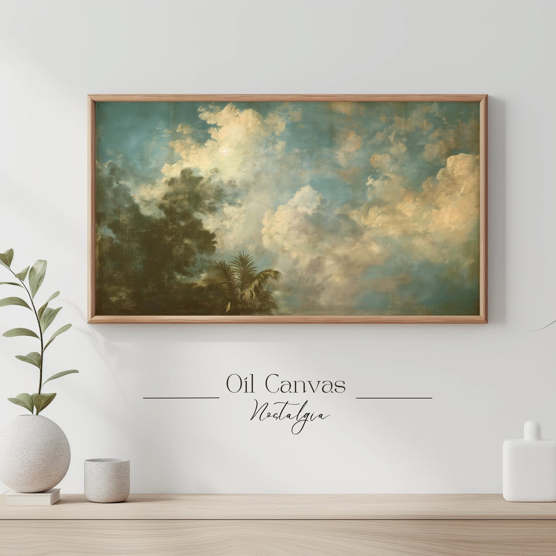 Moody Teal Gold Cloudscape Palm Fronds Dark Romantic Sky Oil Poster - Image 3