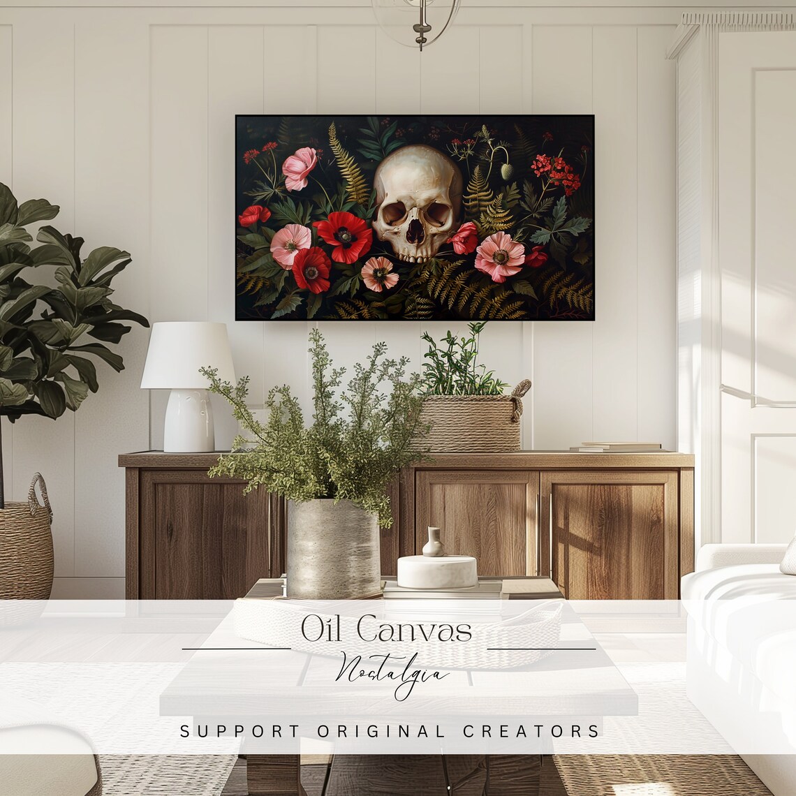 Floral Skull Red Poppies Gothic Halloween Spooky Dark Academia Wall Art Poster - Image 3