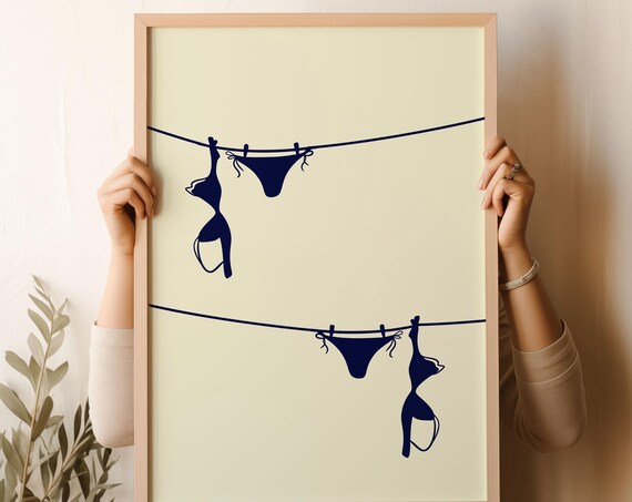 Navy Bikini Silhouette Clothesline Minimal Cream Chic Swim Poster