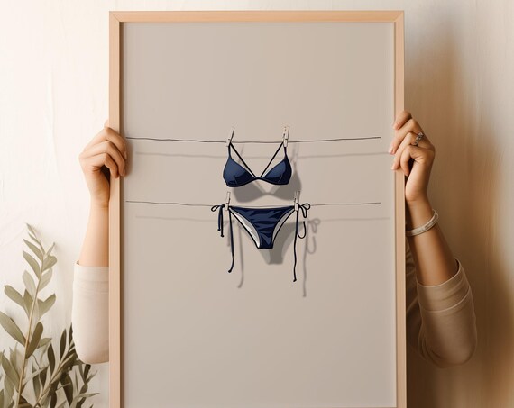 Navy Blue Bikini Hanging On A Line Minimalist Swimsuit Wall Print