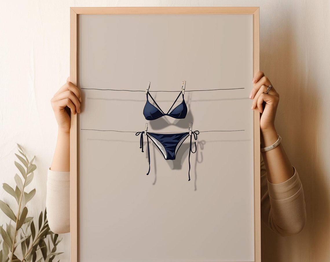 Navy Blue Bikini Hanging On A Line Minimalist Swimsuit Wall Print