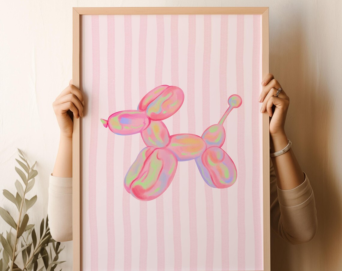 Cute Pink Iridescent Balloon Dog Preppy Striped Bedroom Wall Art