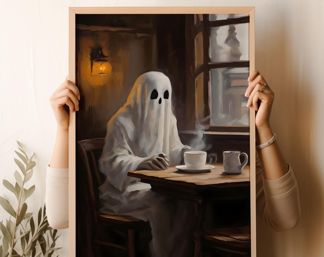 Ghost Drinking Coffee At A Cafe Window Cute Halloween Art Poster