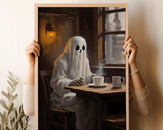 Ghost Drinking Coffee At A Cafe Window Cute Halloween Art Poster