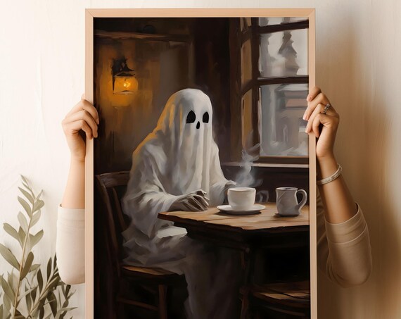 Ghost Painting Ghost Drinking Coffee Art Ghost Art Print Cute Halloween Home Decor Coffee Station Art Dark Academia