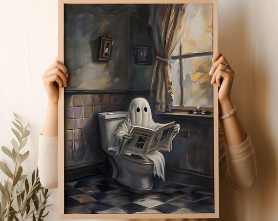 Funny Ghost On Toilet Reading Newspaper Bathroom Halloween Poster