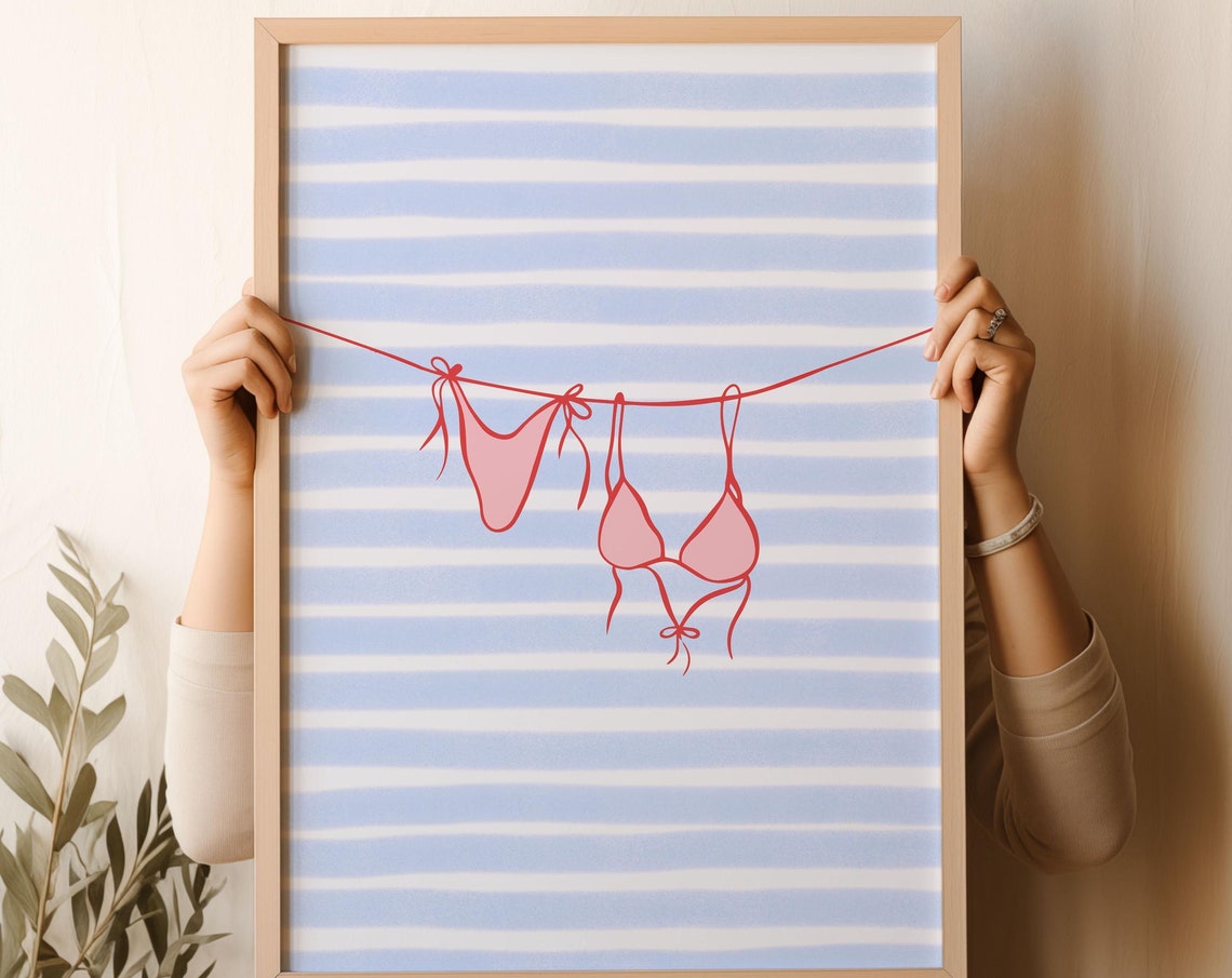 Pink Bikini Line Art Clothesline Bold Blue Stripe Beach Poster