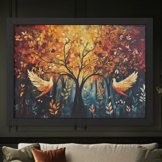 William Morris Inspired Vintage Autumn Tree With Doves Fall Forest Wall Art Warm Natureinspired Print Gift For Lover