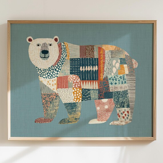 Patchwork Polar Bear Wall Art Poster Whimsical Scandi Folk Animal Artwork For Boys Room Or Girls