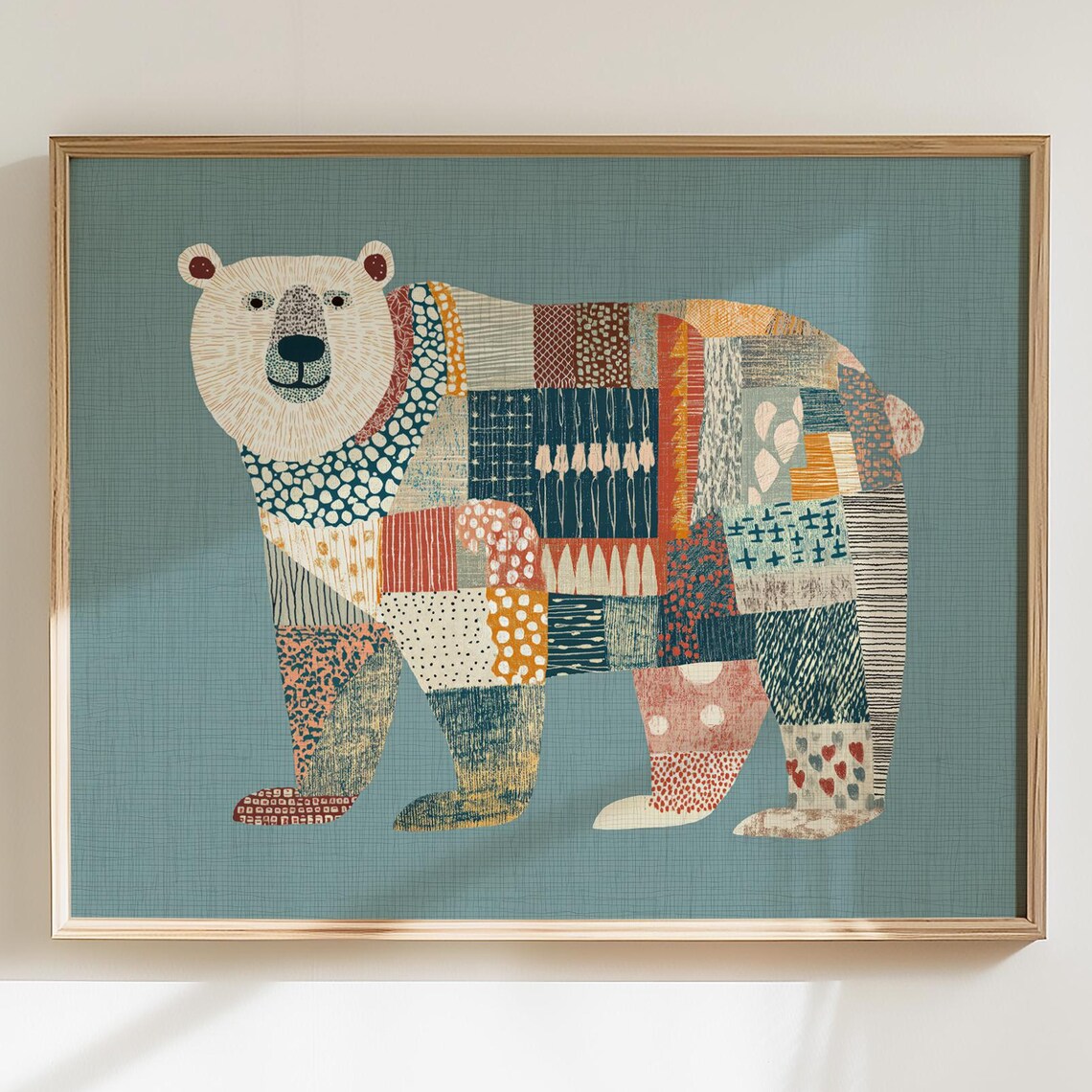 Patchwork Polar Bear Wall Art Poster Whimsical Scandi Folk Animal Artwork For Boys Room Or Girls