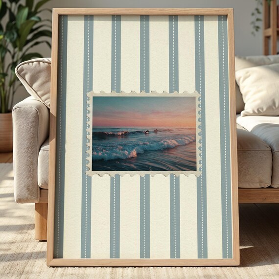 Vintage Beach Surf Wave Poster Retro Postage Stamp Coastal Decor