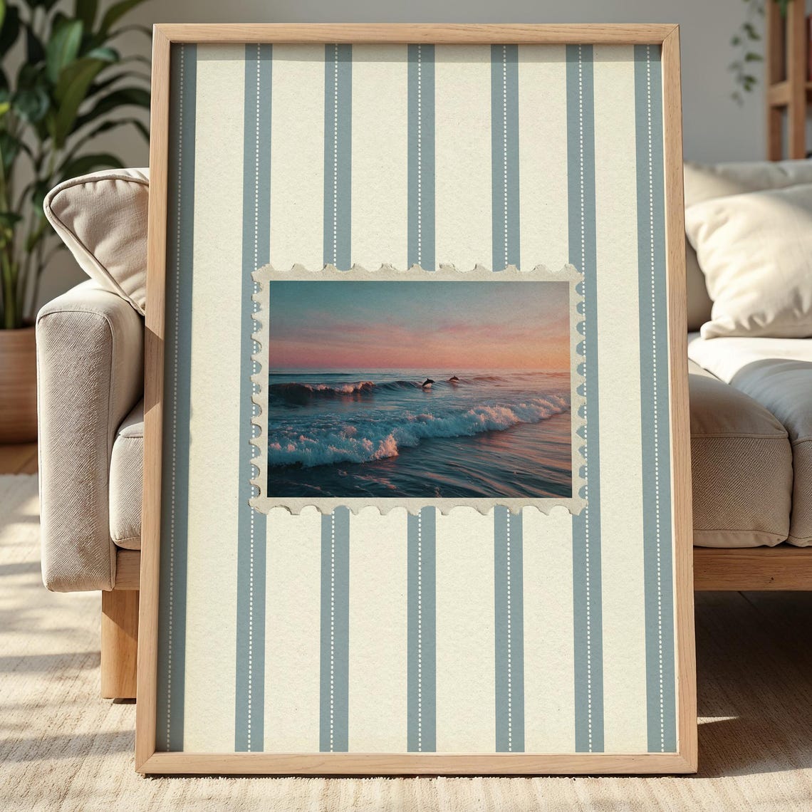 Vintage Beach Surf Wave Poster Retro Postage Stamp Coastal Decor